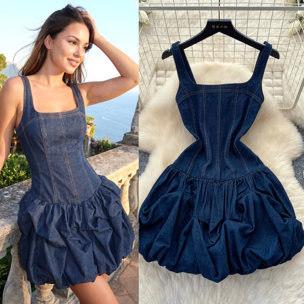 Spicy girl suspender denim flower bud dress women's summer k-style niche design waist slimming lookelegant a-line skirt