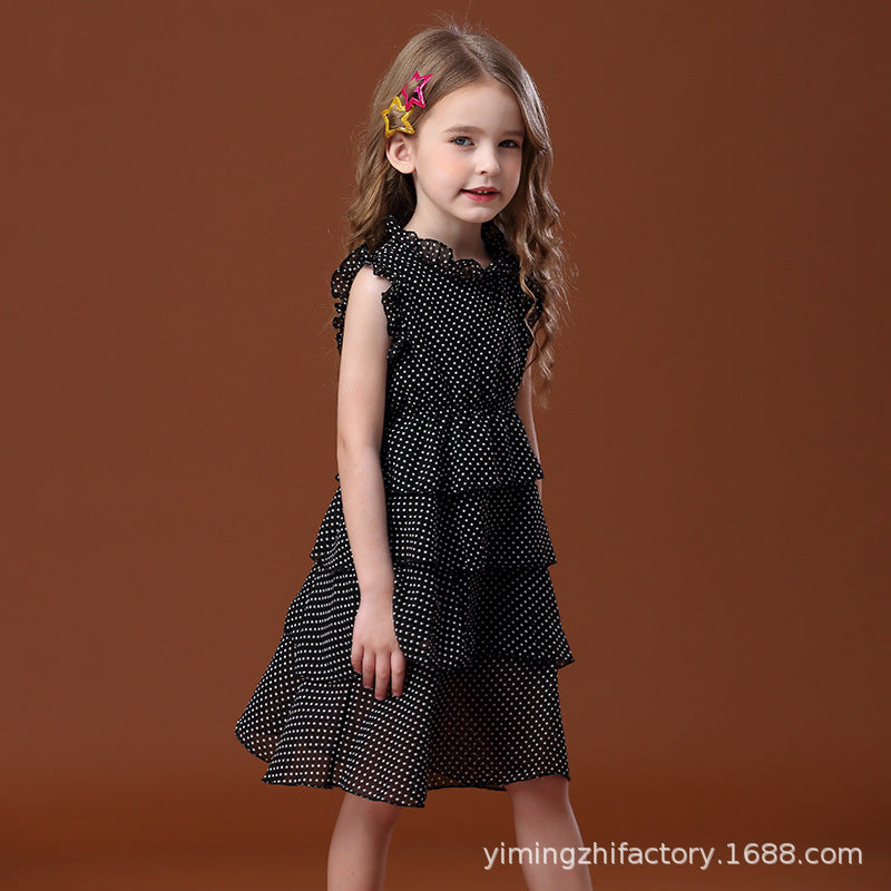 Girls' polka dot black ruffle dress, kids' sundress, ages 3-12, korean style summer new arrival