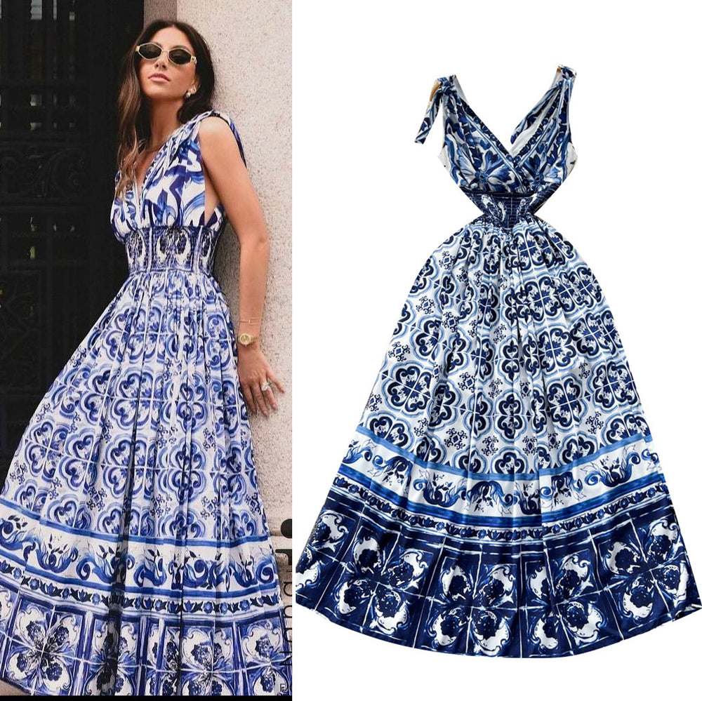 Frenchretrotie back suspender dresssummer women's sense of designniche style waist slimming look large swing floral long skirt