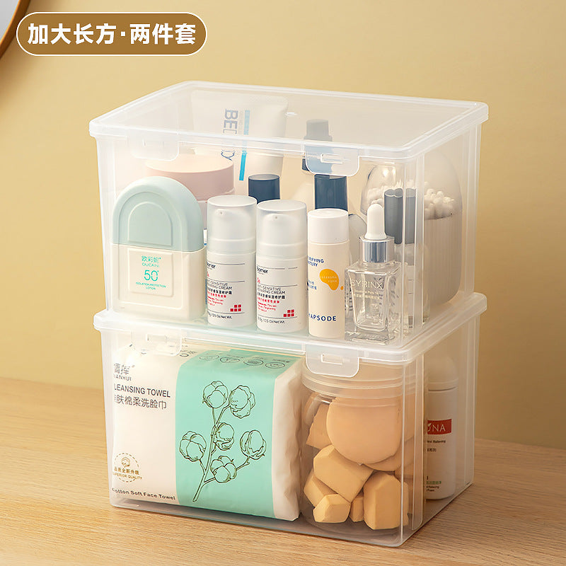 Long makeup brush, mask storage box, transparent rectangular box with lid, covered dresser, skin care product storage box.