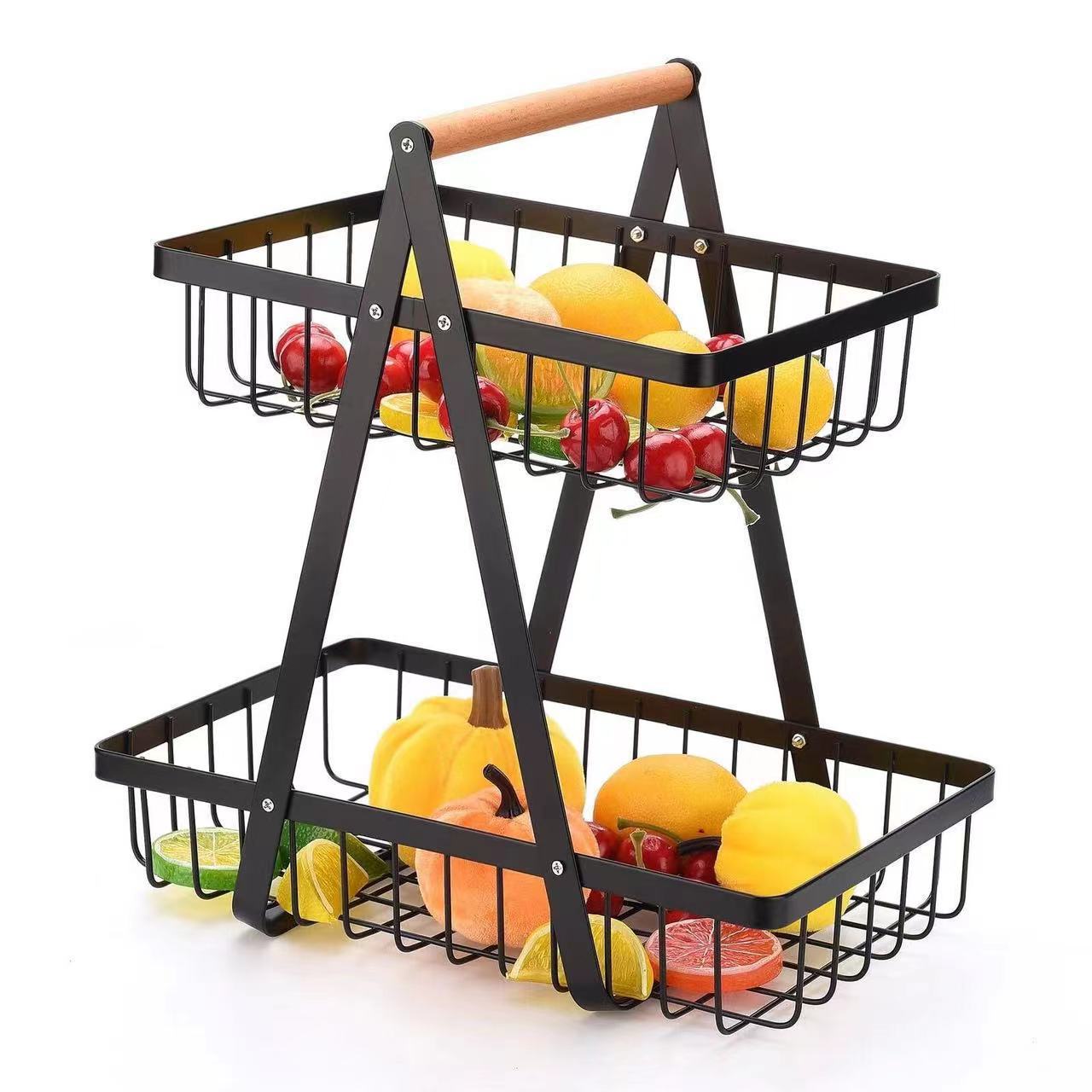 Cross-border double-layer wrought iron fruit and vegetable basket household kitchen fruit storage shelf modern living room desktop fruit basket metal
