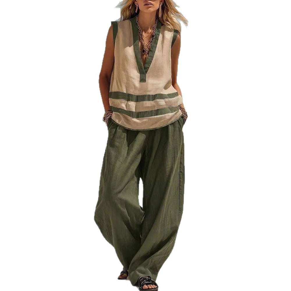 european and american cross-border independent station new v neck sleeveless vest loose pantssuitloosecasualtwo-piece set women