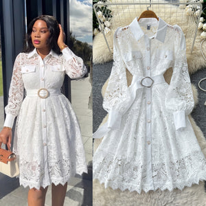 French chic lace dress - women's long sleeve, notched collar, cinched waist, tie-up a-line dress - office-ready, elegant formal dress - autumn collection
