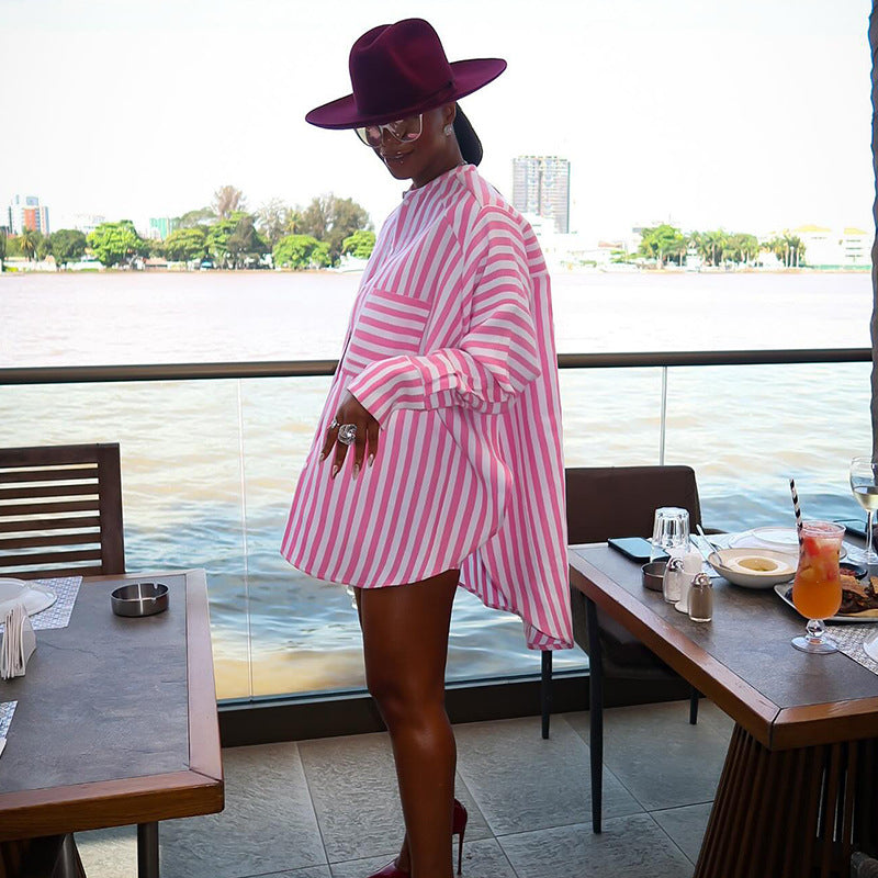 European and american cross-border women's fashion:  autumn new collection - striped crew neck long sleeve shirt and wide leg shorts set