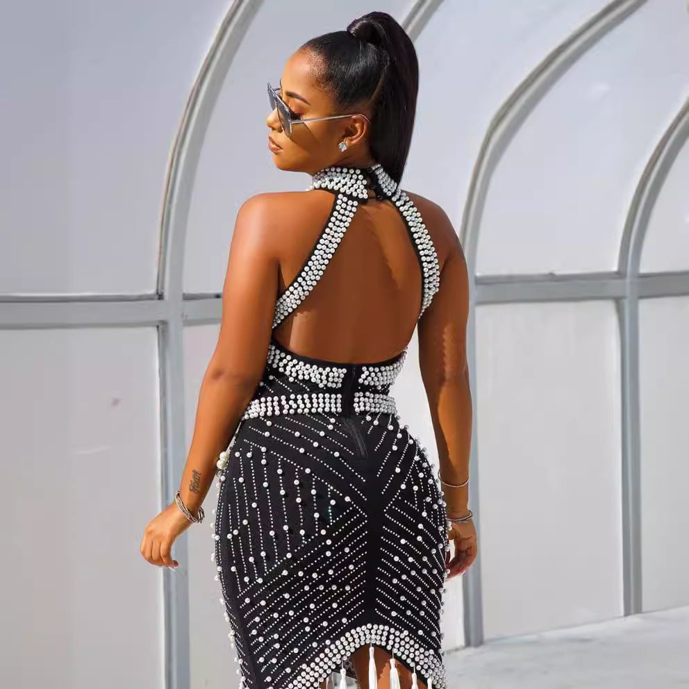 supply of fashionfashion high collar halter sleeveless hip-covering waist sexy hot diamond beaded tassel short skirt big sale