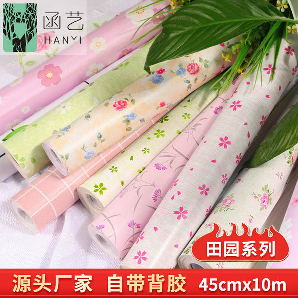Home improvement bedroom small fresh pastoral big flower background wallpaper dormitory warm flower pattern wallpaper self-adhesive sticker