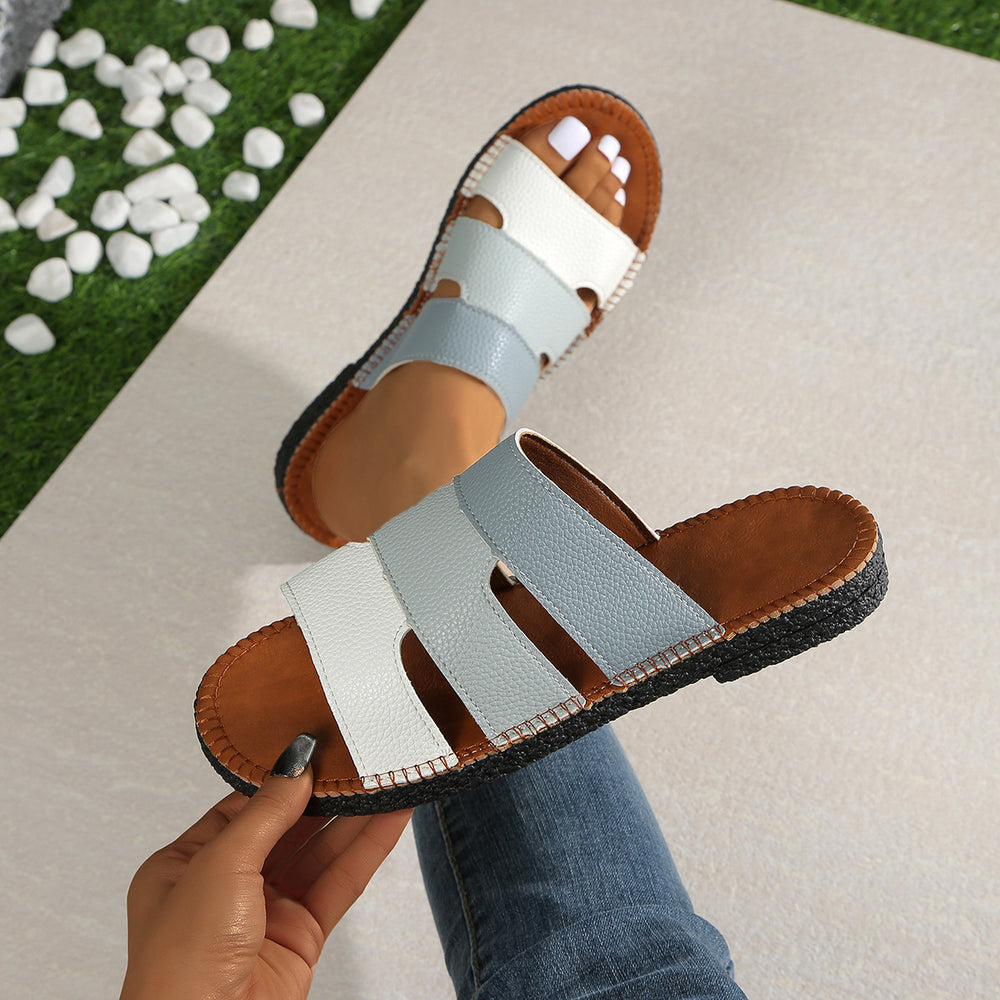 European and american export plus size patchwork flat slippers women's cross-border round toe woven one-strap outdoor beach sandals