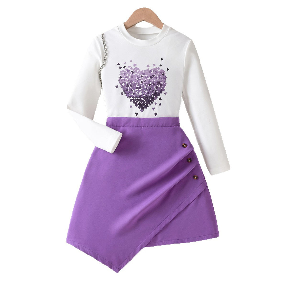 Autumn children's clothing set for export: purple irregular skirt with heart print long-sleeve t-shirt - girls' two-piece outfit