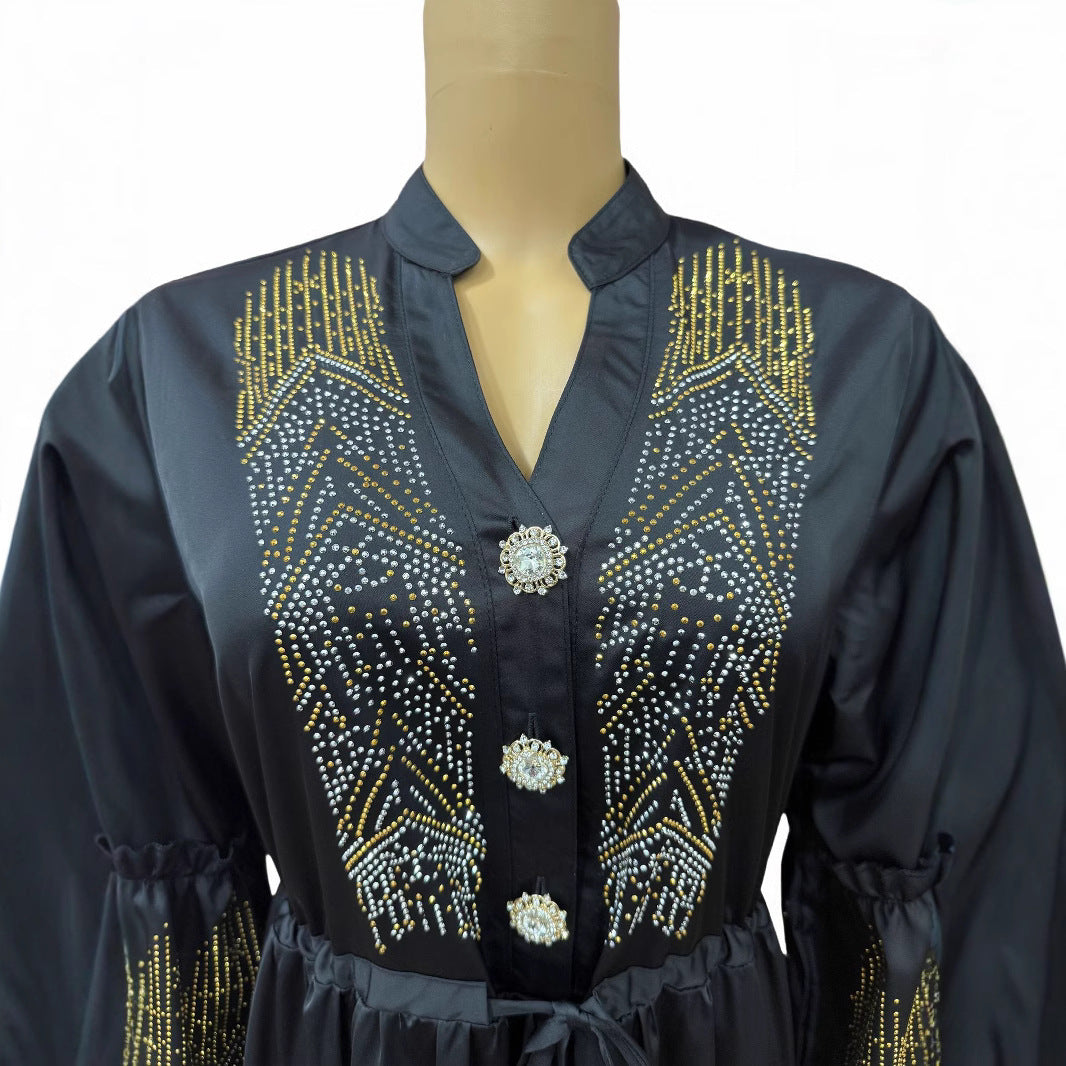 Cross-border Middle East women's clothing new color matching hot diamond craftsmanship exquisite crystal buckle cardigan large size Muslim robe dress