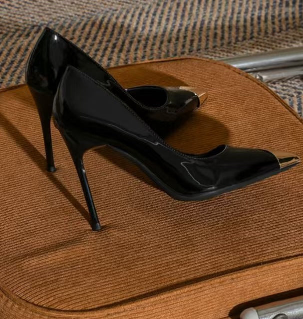 French plus size2025 black patent leather sexy spring new arrival pointed toe women's metal toe high heels elegant stiletto flats