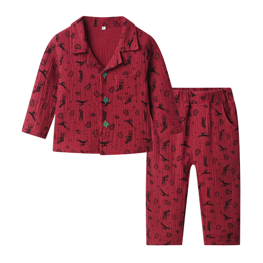 European and american new children's pajamas, long-sleeved spring and autumn sets for boys and girls, girls' cardigan style, christmas print loungewear