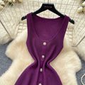 French chic sleeveless knit mini dress - summer a-line, slim fit, metallic buckle, purple, elegant