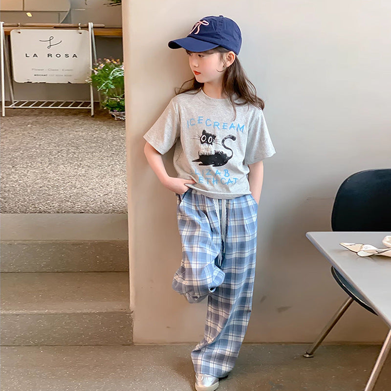New girls' two-piece outfit: lightweight short-sleeve t-shirt set for summer  - stylish and casual for older girls