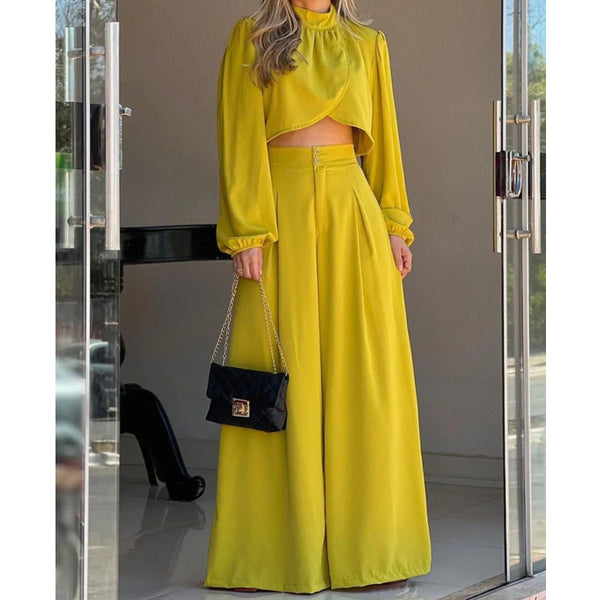 Spot 2025 European and American new  women's clothing temperament commuting irregular top high waist wide leg pants set summer