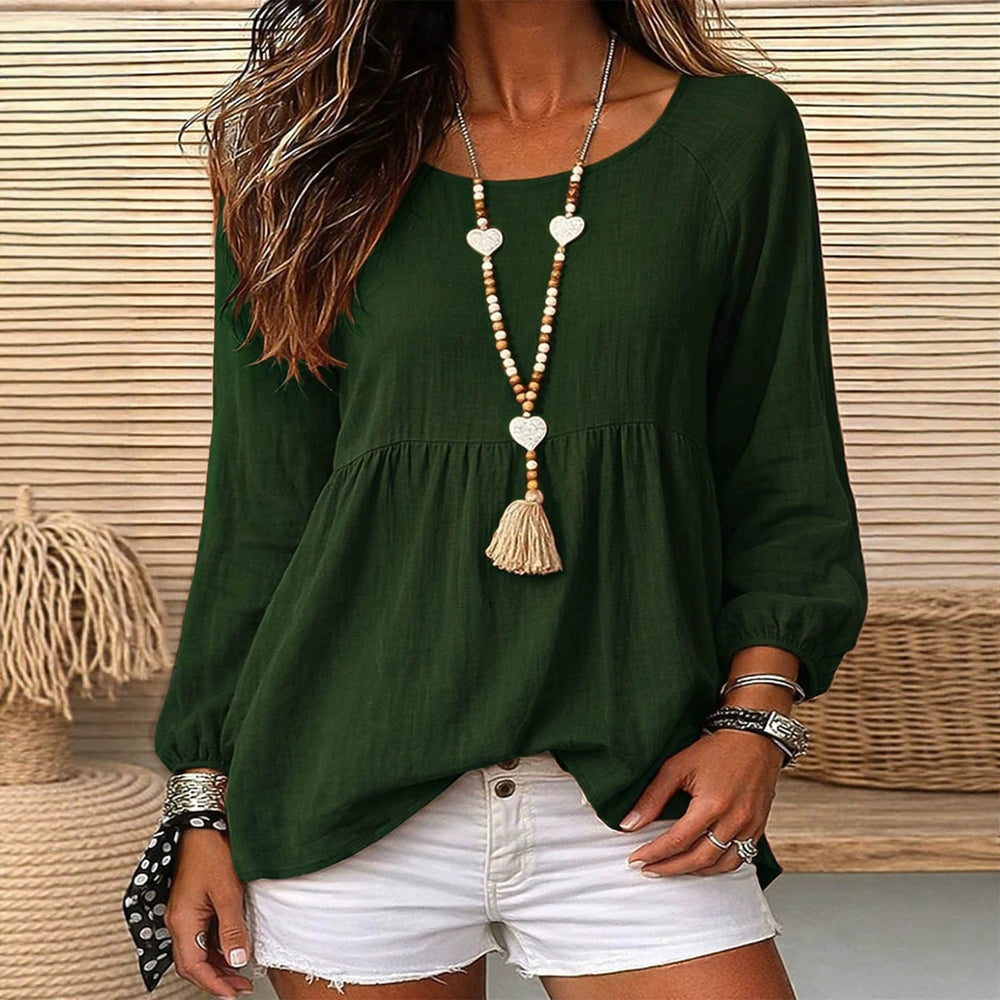Export holiday style doll textured linen round neck cuff long sleeves pleated hem loose pullover shirt
