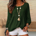 Export holiday style doll textured linen round neck cuff long sleeves pleated hem loose pullover shirt