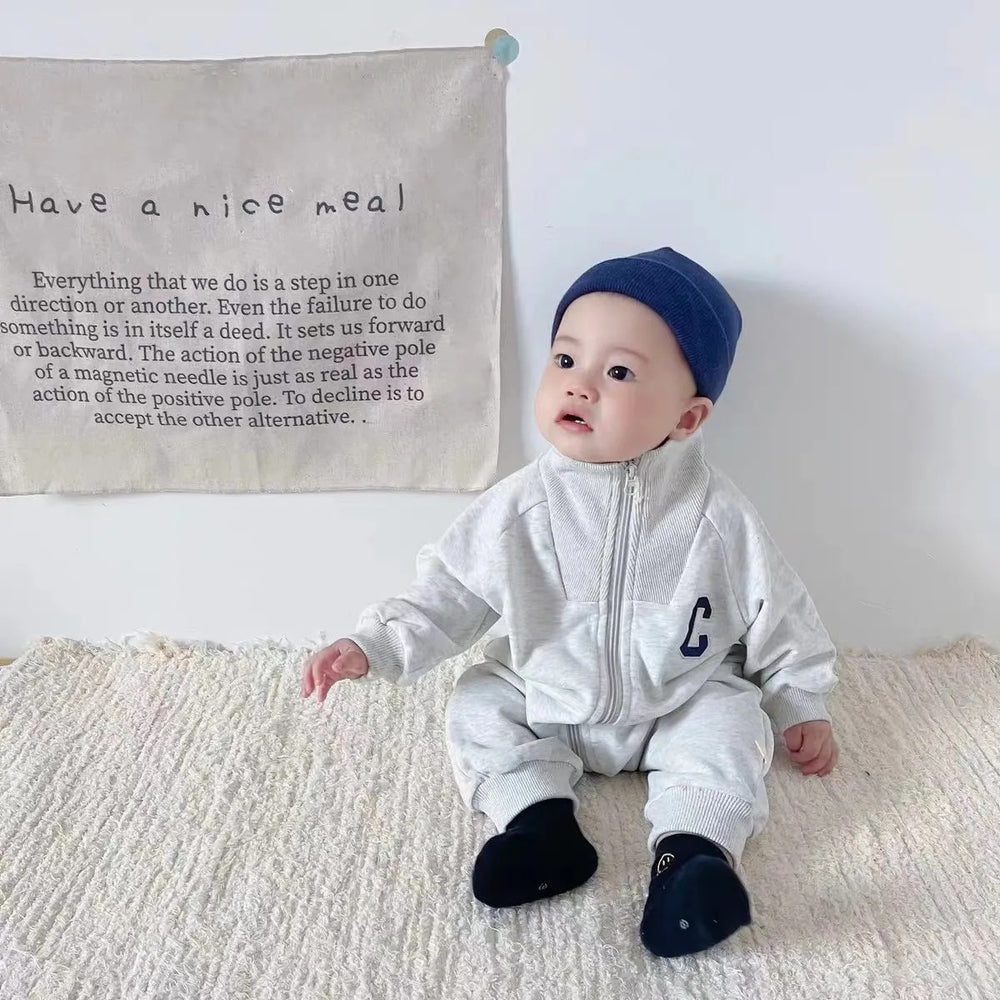 Newborn infant casual korean style long-sleeve zip-up romper - fashionable outfit for baby boys and girls, perfect for strolls and crawling