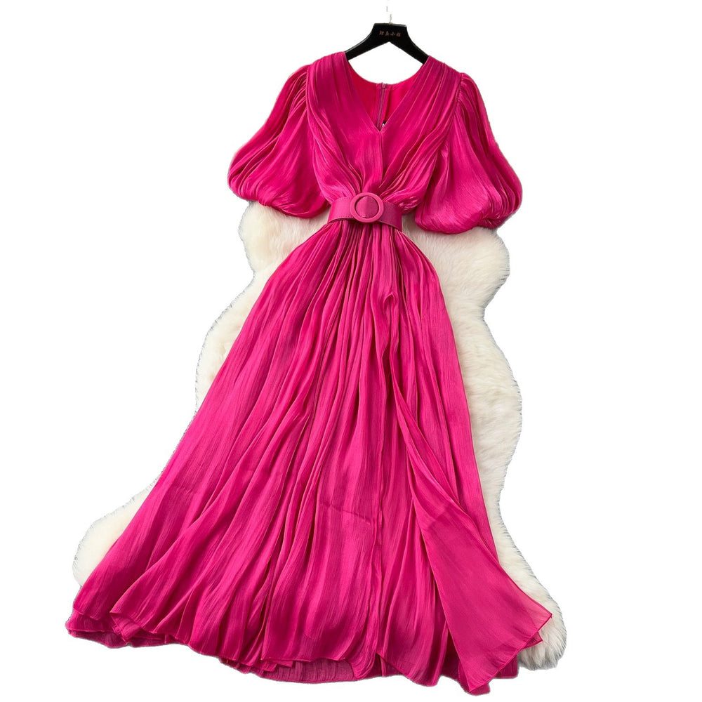 Luxury chic bubble sleeve dress - women's summer slit v-neck belted slimming exquisite maxi dress