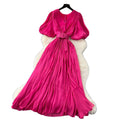 Luxury chic bubble sleeve dress - women's summer slit v-neck belted slimming exquisite maxi dress