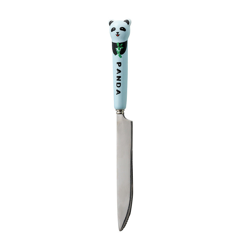 Cartoon stainless steel cutlery set: cute kids' forks with stylish ceramic handles, exquisite dessert spoons, and serving spoons