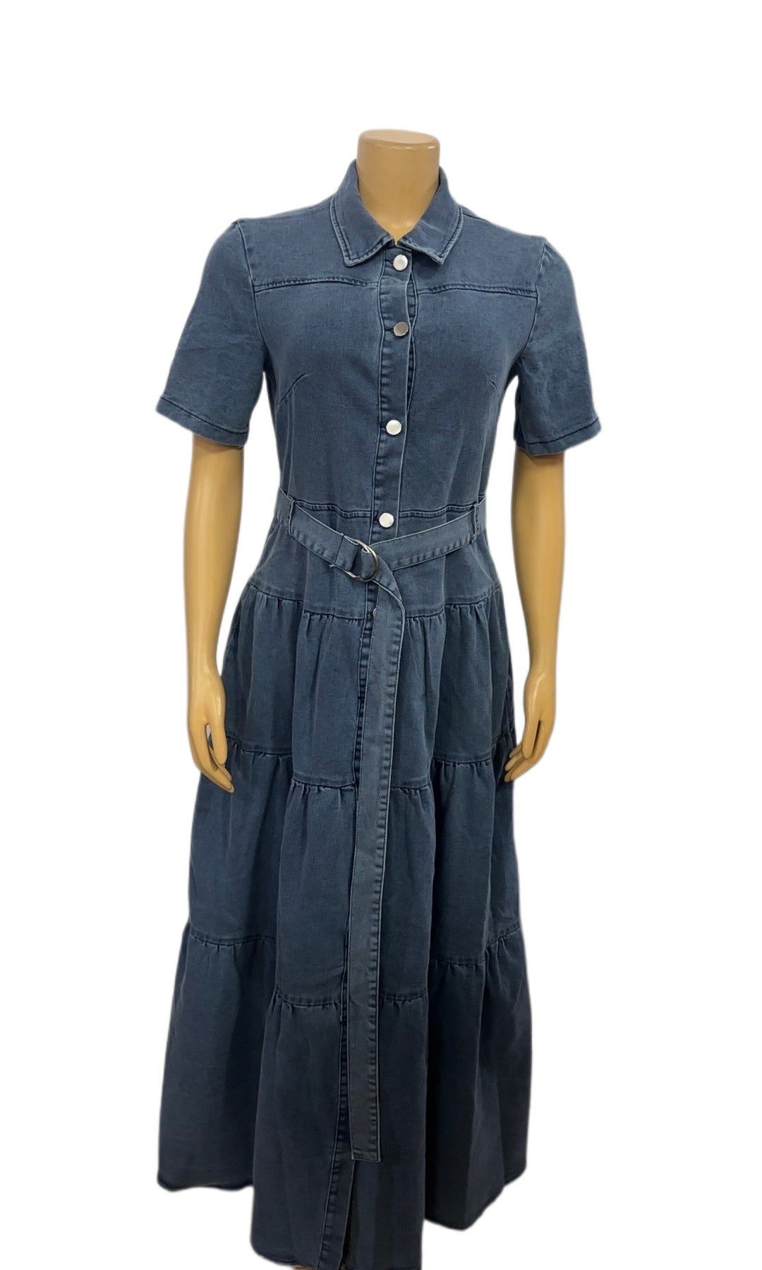 European and American new lapel button cardigan belt waist short-sleeved denim dress  women's clothing