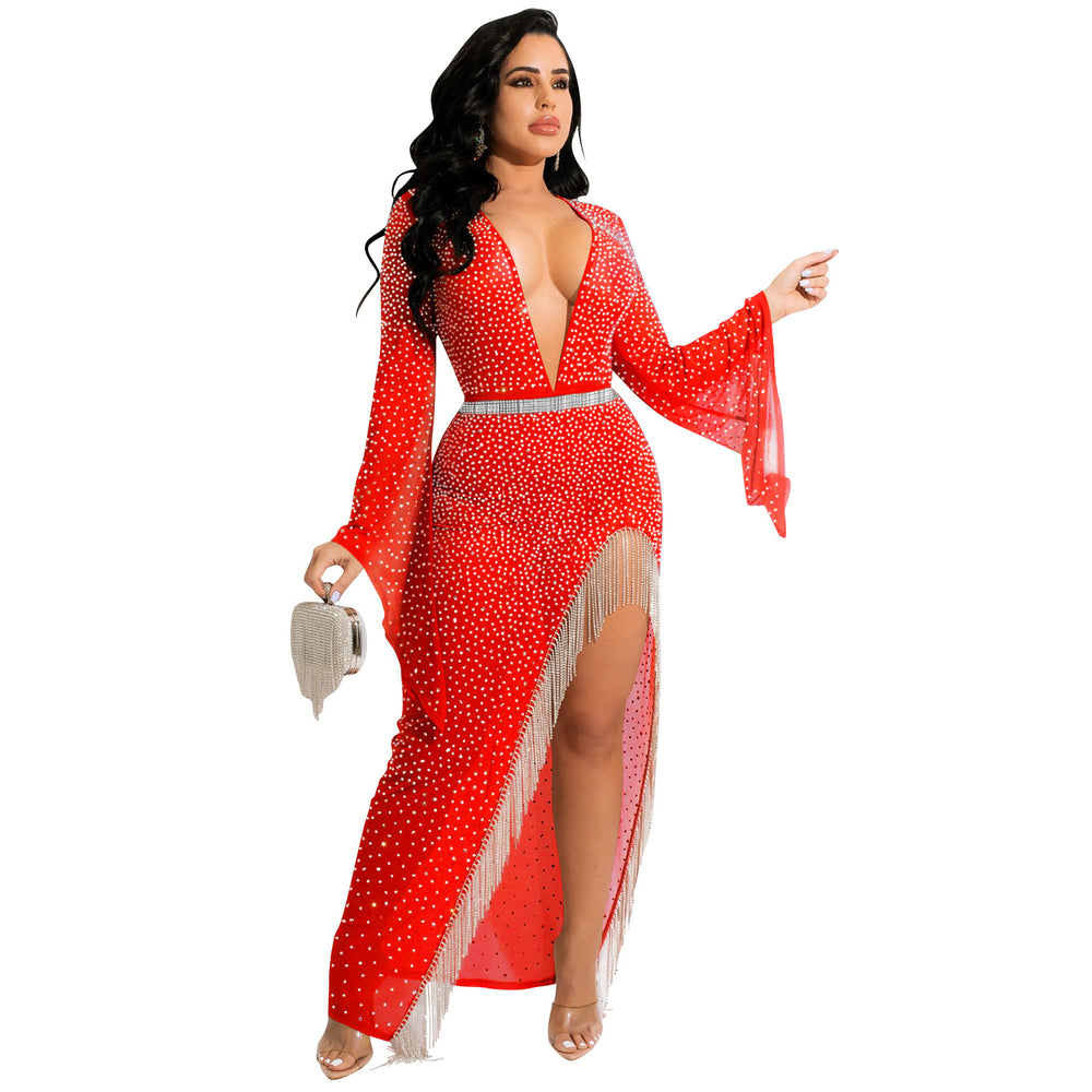 X5597  fashion sexy nightclub hot diamond deep v wide sleeves irregular slit flowing beard long skirt dress for women