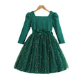 Girls' long-sleeve dress for export, green star pattern, mesh paneling, bow belt, a-line princess dress
