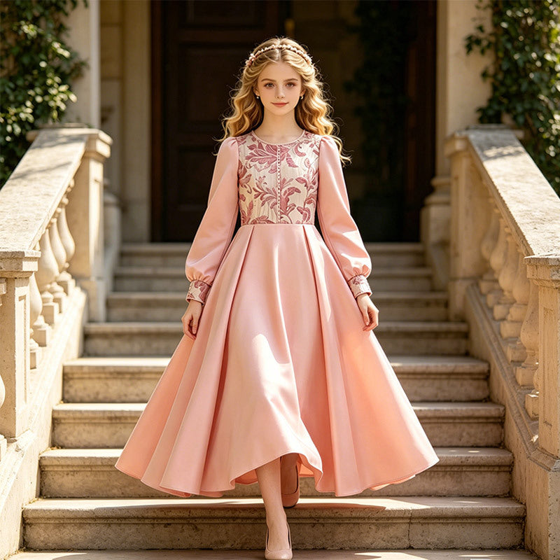 European and american new style teenage robe evening dress, big kids long dress, girls' formal dress, princess dress, long sleeve satin formal dress