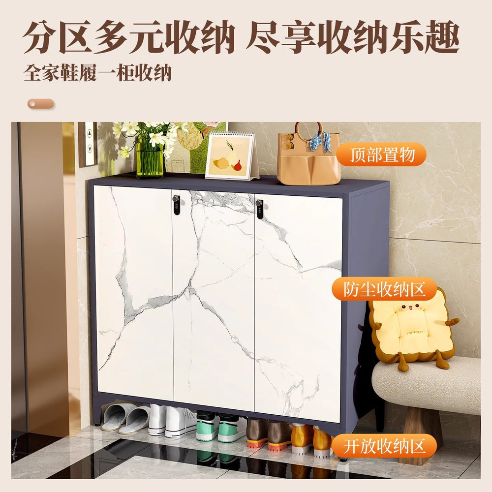 Steel shoe cabinet for home, shoe rack for entryway, hallway organizer with door and lock, minimalist large capacity faux stone shoe cabinet