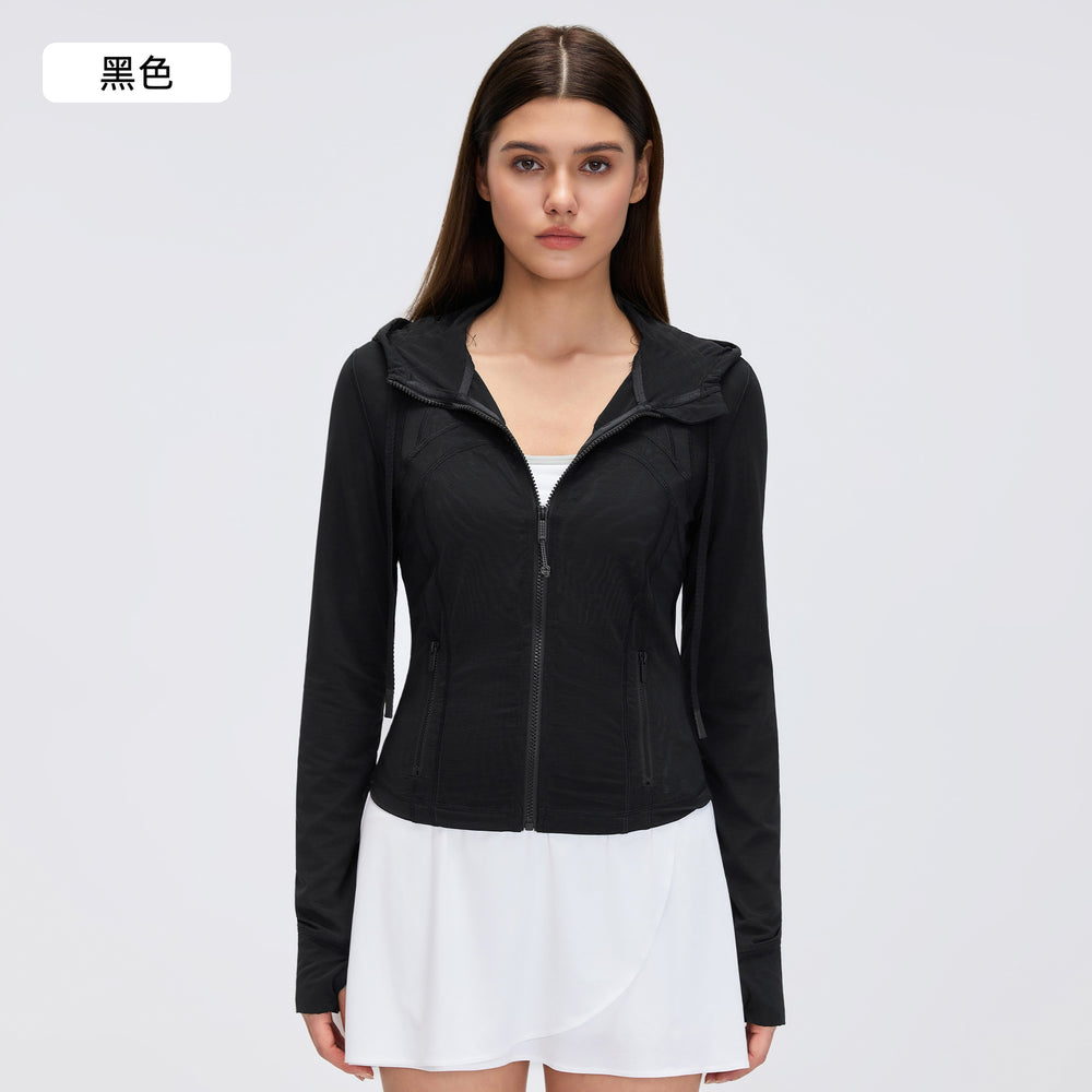 Breathable mesh hooded yoga jacket - women's slim fit, barely-there feel, zip-up running & workout jacket d26056