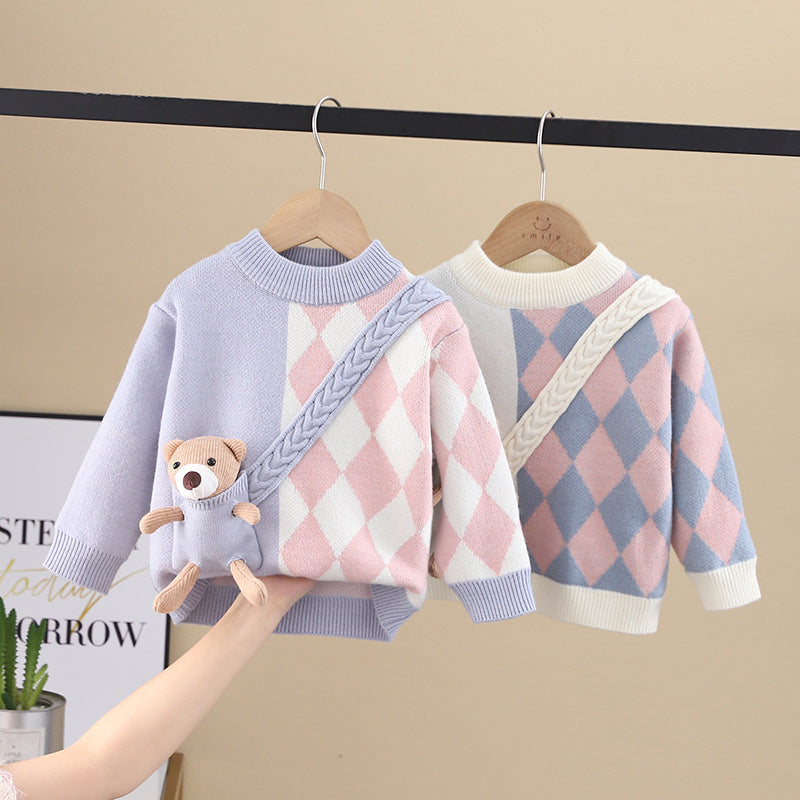 Winternew arrivalfleece-linedkidssweaterboys and girls cartoon flap pocket pants bear bottom k-styleknitting shirt