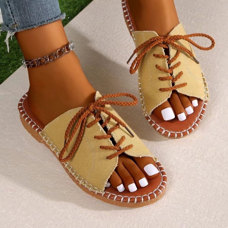Ready-to-ship european and american plus-size women's slippers, 2025 summer collection: lace-up peep-toe slides, outdoor wear, flat, casual, crossover straps