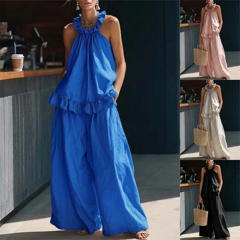 european and american  spring/summer new arrival: halter top cotton linen retro high-waisted loose casual set for women