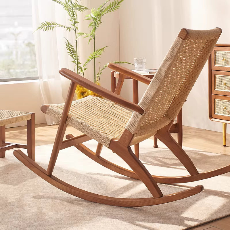 Scandinavian rocking chair solid wood for home balcony hemp rope woven ash rocking chair casual modern living room recliner