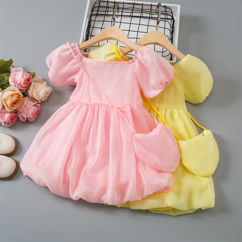 Girls' dress -  summer new arrival: elegant bubble sleeve sweet floral print mesh princess dress for kids