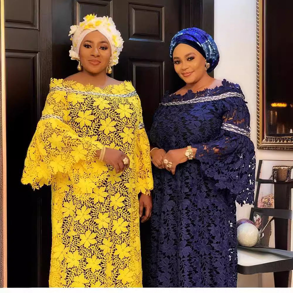 Special offer: african women's lace loose plus size robe dress with flared sleeves, fashionable long dress with matching headscarf
