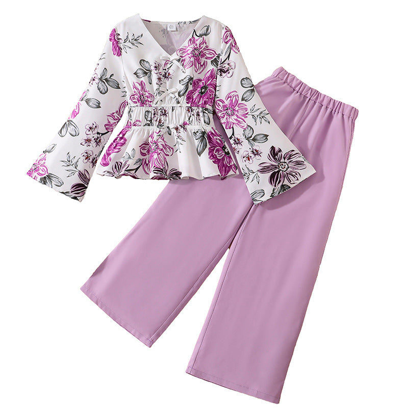 Girls' foreign trade outfit, autumn  new cross-border fashion: printed v-neck flare sleeve fitted top and wide-leg pants