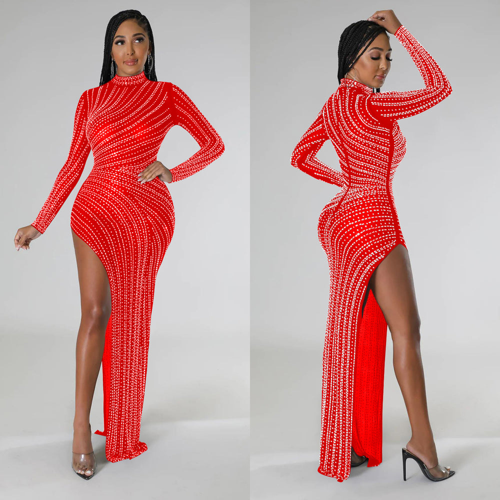 C6040 cross-border   fashion women's solid color mesh rhinestone long sleeve maxi dress