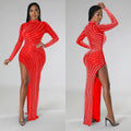 C6040 cross-border   fashion women's solid color mesh rhinestone long sleeve maxi dress