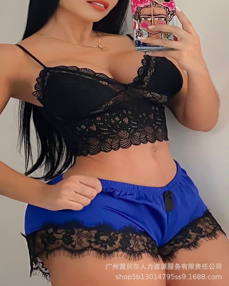 Spot  2021 European and American new royal blue sexy lace suspender set pajamas