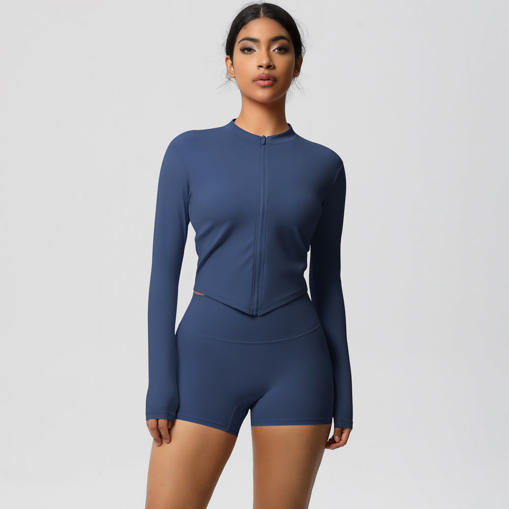pure color brushed nylon nude zipper outwearlong sleeves yoga suit tight running sports fitness suit