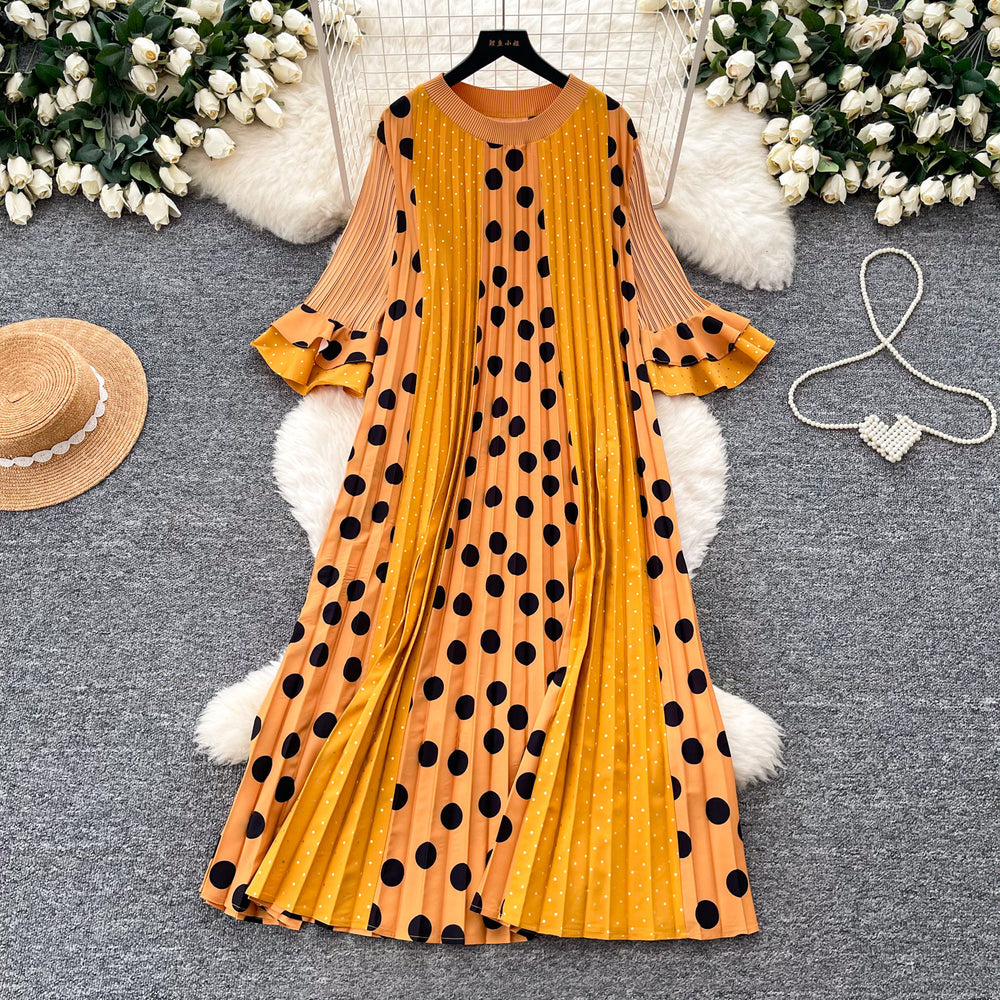 K-style polka dot pleated short-sleeved dress women's summerruffle sleeve round neck pleated skirtslimming lookelegantwork clothing skirt