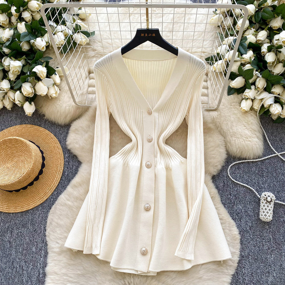 French style women's high-end v-neck metallic buckle waist-defining long sleeve knit dress - autumn/winter slimming chic sweater dress