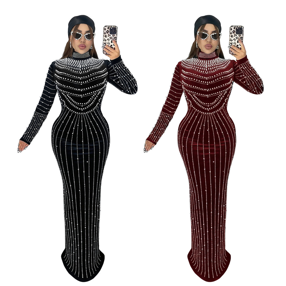 C7617 cross-border   fashion women's elegant velvet rhinestone long sleeve dress
