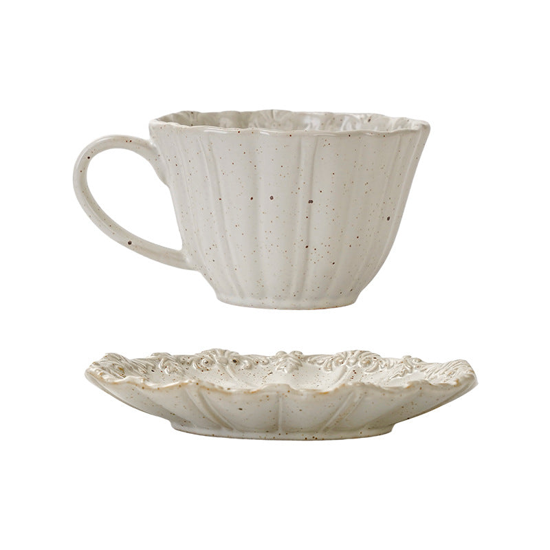 Vintage gilt ceramic embossed cup and saucer set - unique, high-style milk, coffee, afternoon tea, and water cups