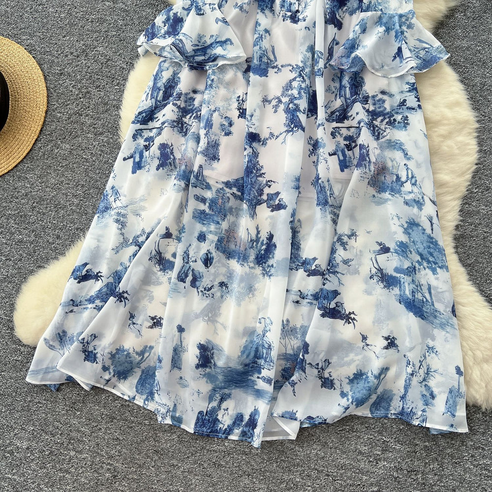 French chic elegant women's dress - designer ruffle trim, patchwork waist, slim fit, printed chiffon maxi dress