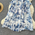 French chic elegant women's dress - designer ruffle trim, patchwork waist, slim fit, printed chiffon maxi dress