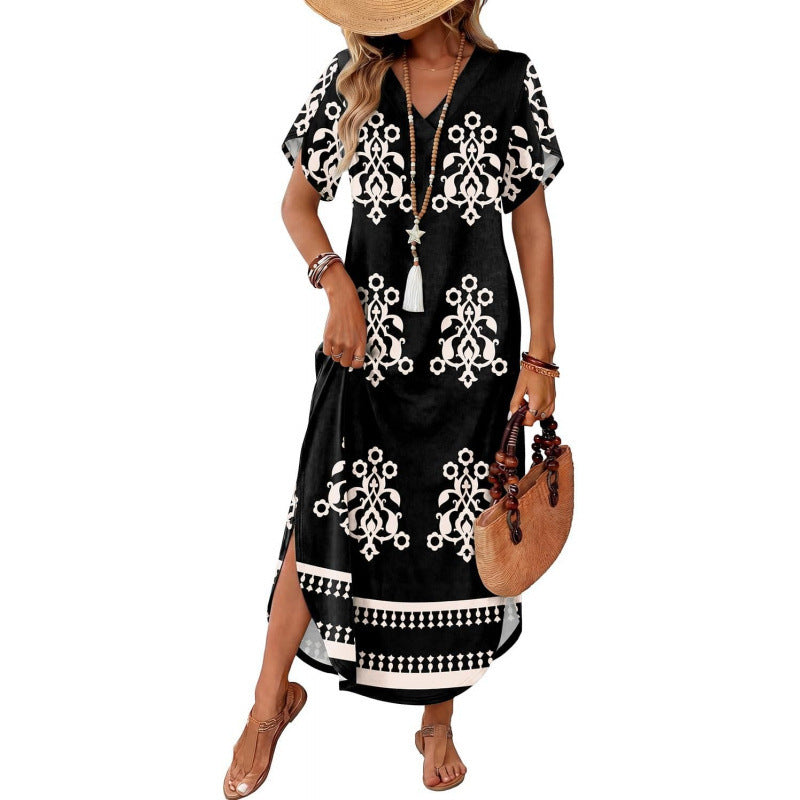 Amazon short-sleeve dress v-neck tank dress  summer new arrival side slit casual beach dress