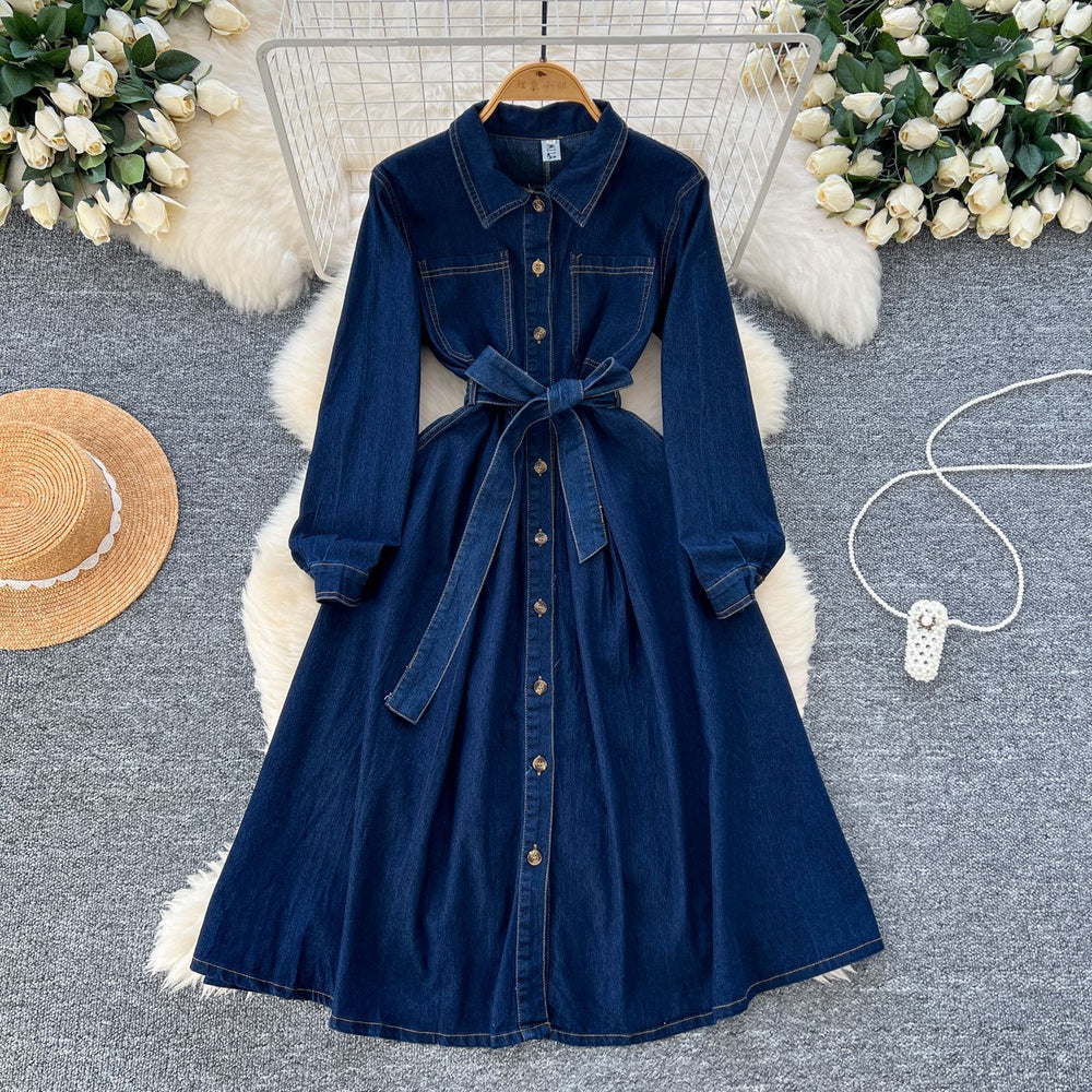 Exportretrofashion lapel long sleeves denim dress women's tie back waist single breasted a-line knee length skirt dress