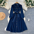 Exportretrofashion lapel long sleeves denim dress women's tie back waist single breasted a-line knee length skirt dress